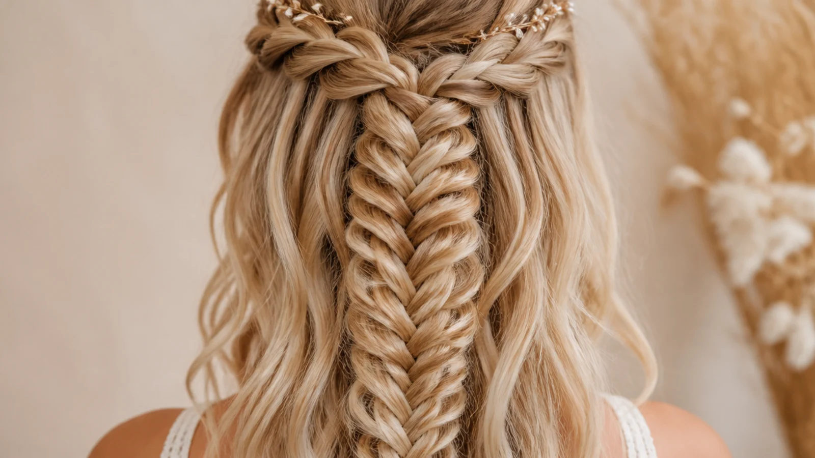 Waterfall mermaid braid with dropped strands falling through and collected into a pancaked fishtail