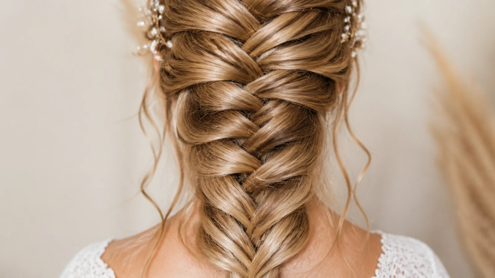 Boho mermaid braid worn loose with two curled face framing pieces pulled out at the temples