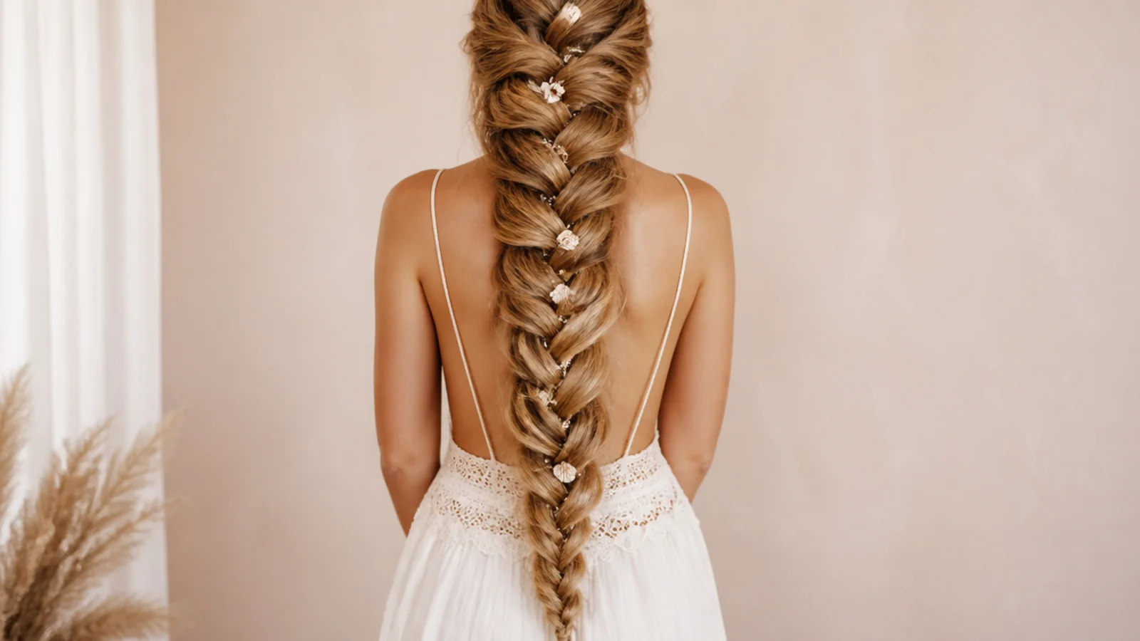 Long mermaid braid on twenty four inch hair reaching past the hips with a tapered pancaked end