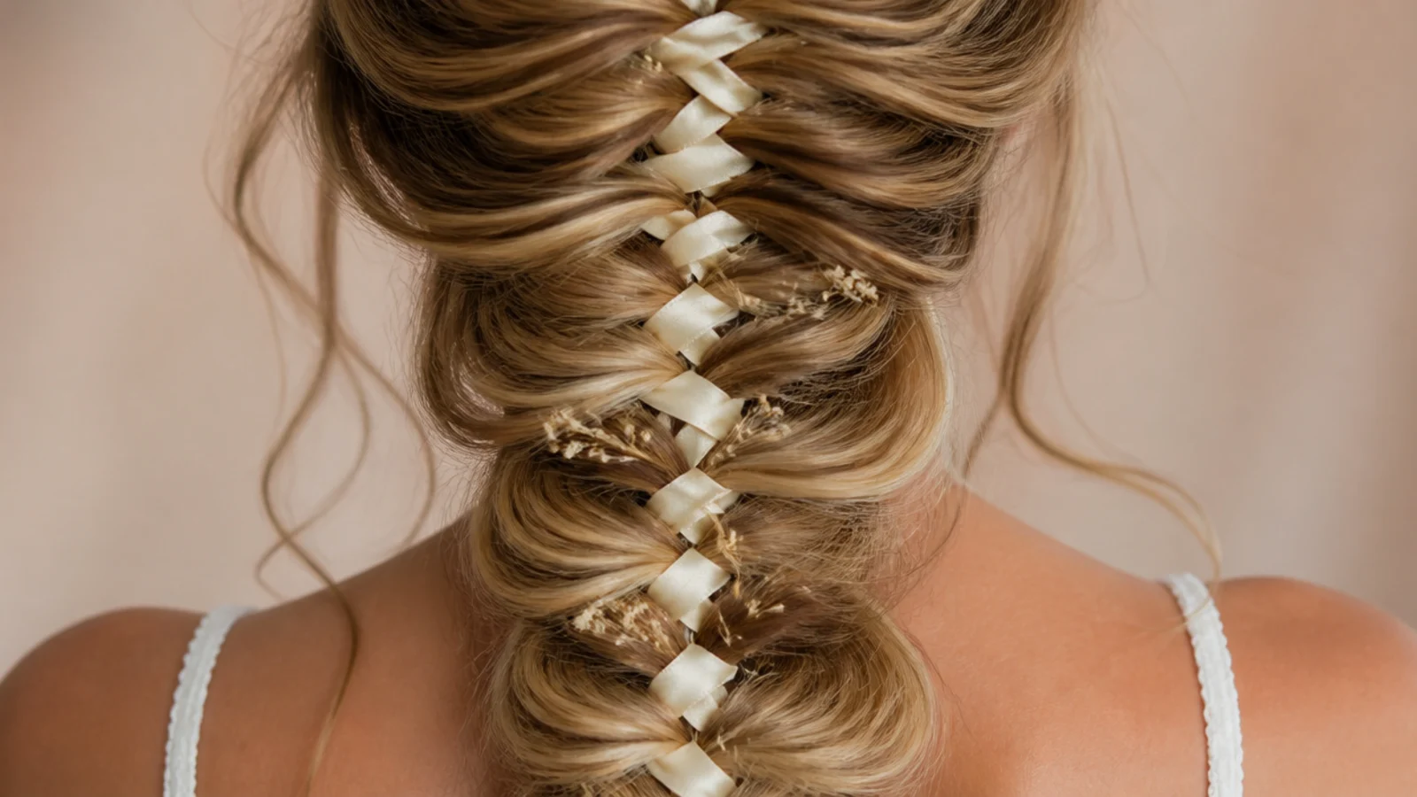 Ribbon woven mermaid braid with cream satin ribbon threaded through each fishtail crossover