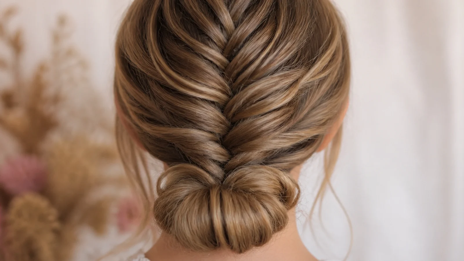 Low mermaid braid coiled into a wide textured bun at the nape secured with U pins