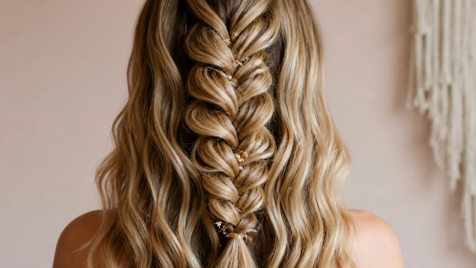 Beachy mermaid braid braided over pre curled hair showing extra width and visible wave texture