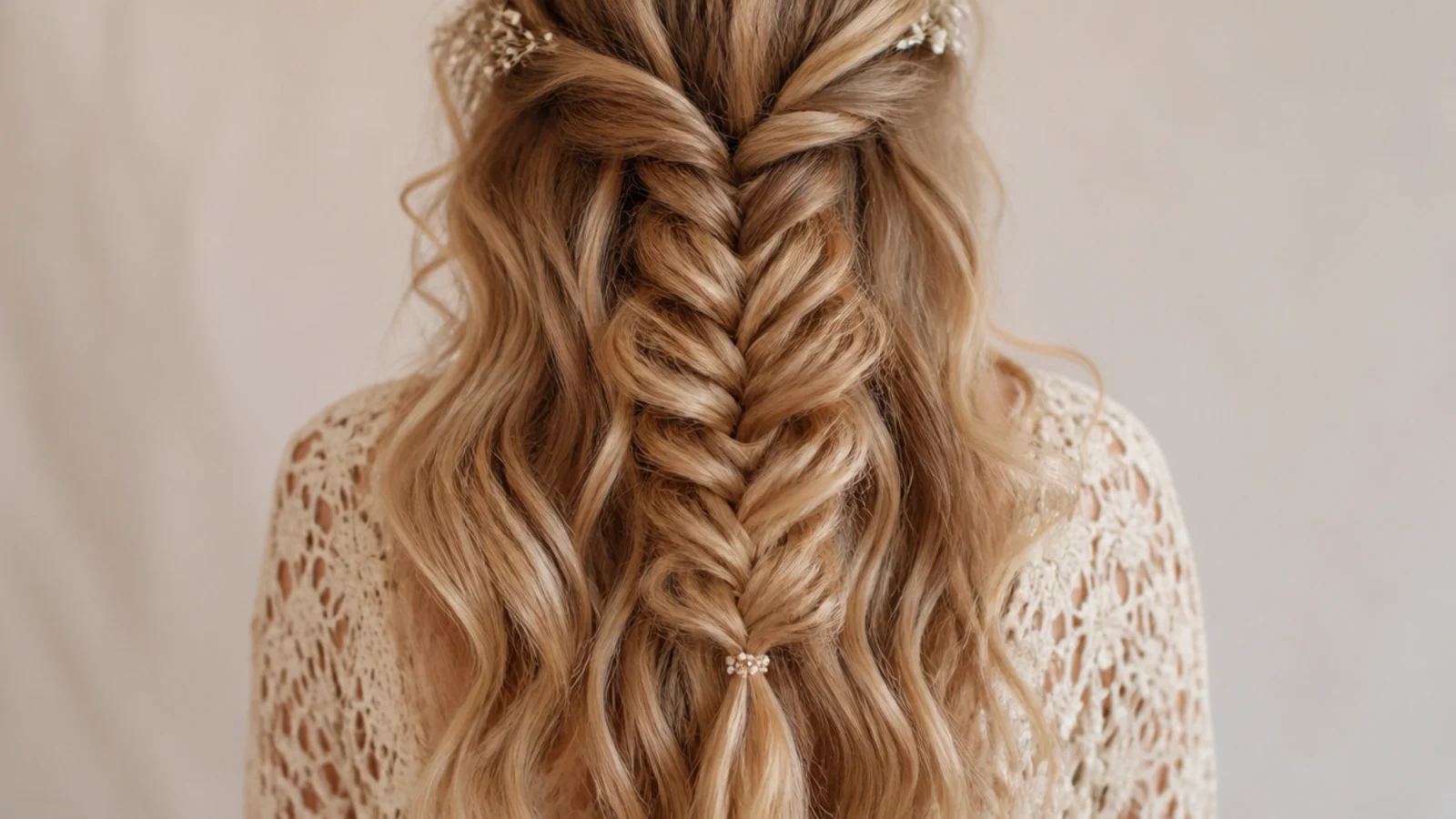 Next day waves released from a loosely slept in mermaid braid showing soft S bends from ear level down