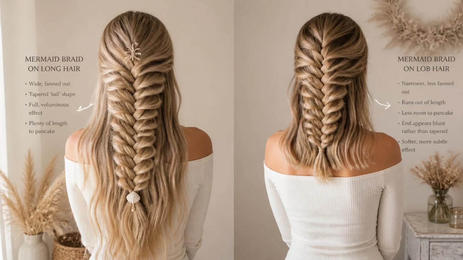 Comparison of mermaid braid width on waist length hair versus a collarbone lob that ran out of length