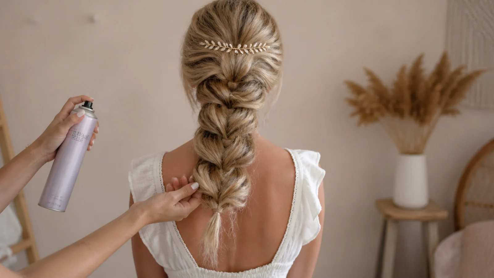 Texture spray applied through mid lengths before braiding a mermaid braid on fine slippery hair