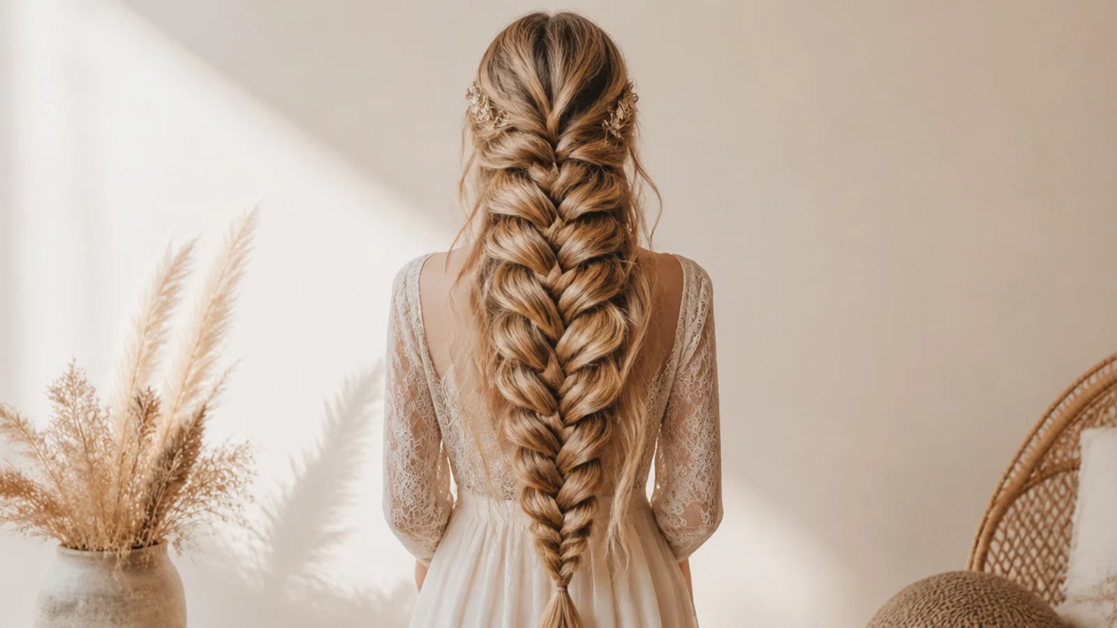 Wide pancaked mermaid braid falling down the back on waist length hair, tried and photographed at home