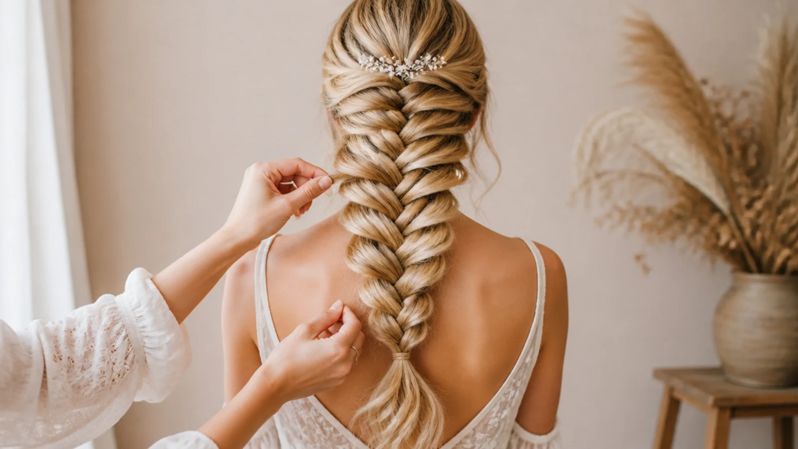 Hands pancaking a mermaid braid by tugging the outer edge of one crossover a few millimeters wide