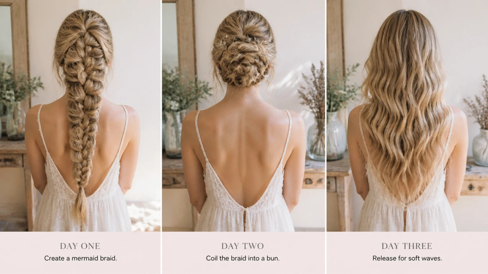 Mermaid braid on day one, day two coiled into a bun, and day three released into soft waves