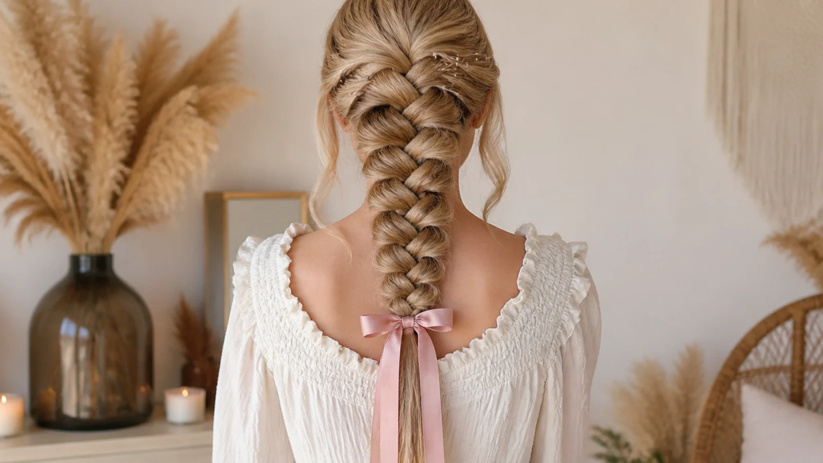 Boho mermaid braid finished with a satin ribbon, two curled face framing pieces and a clear elastic