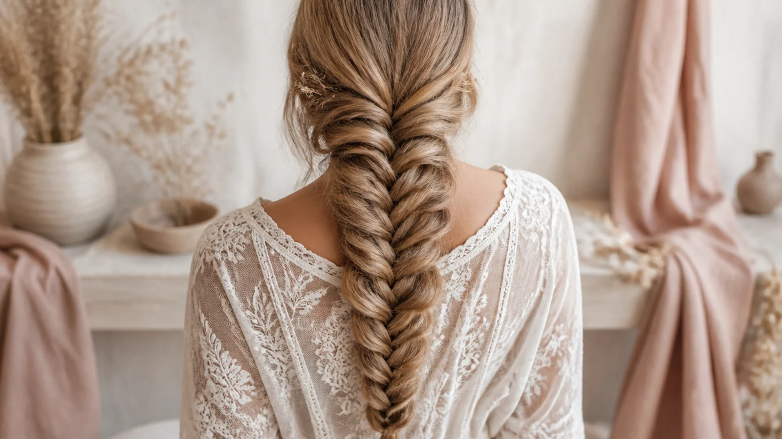 Close up showing a mermaid braid as a fishtail pancaked wide with stacked V shapes down the center