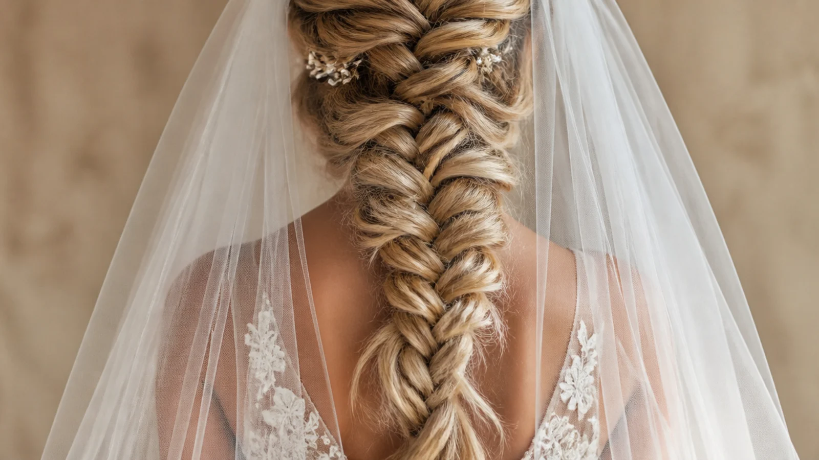 Side mermaid braid pulled over the left shoulder under a long cathedral veil