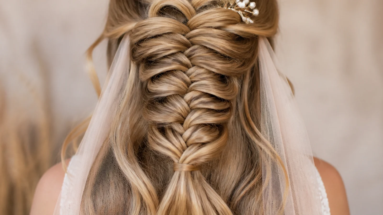 Half up mermaid braid at the crown with loose waves beneath and a short blusher veil