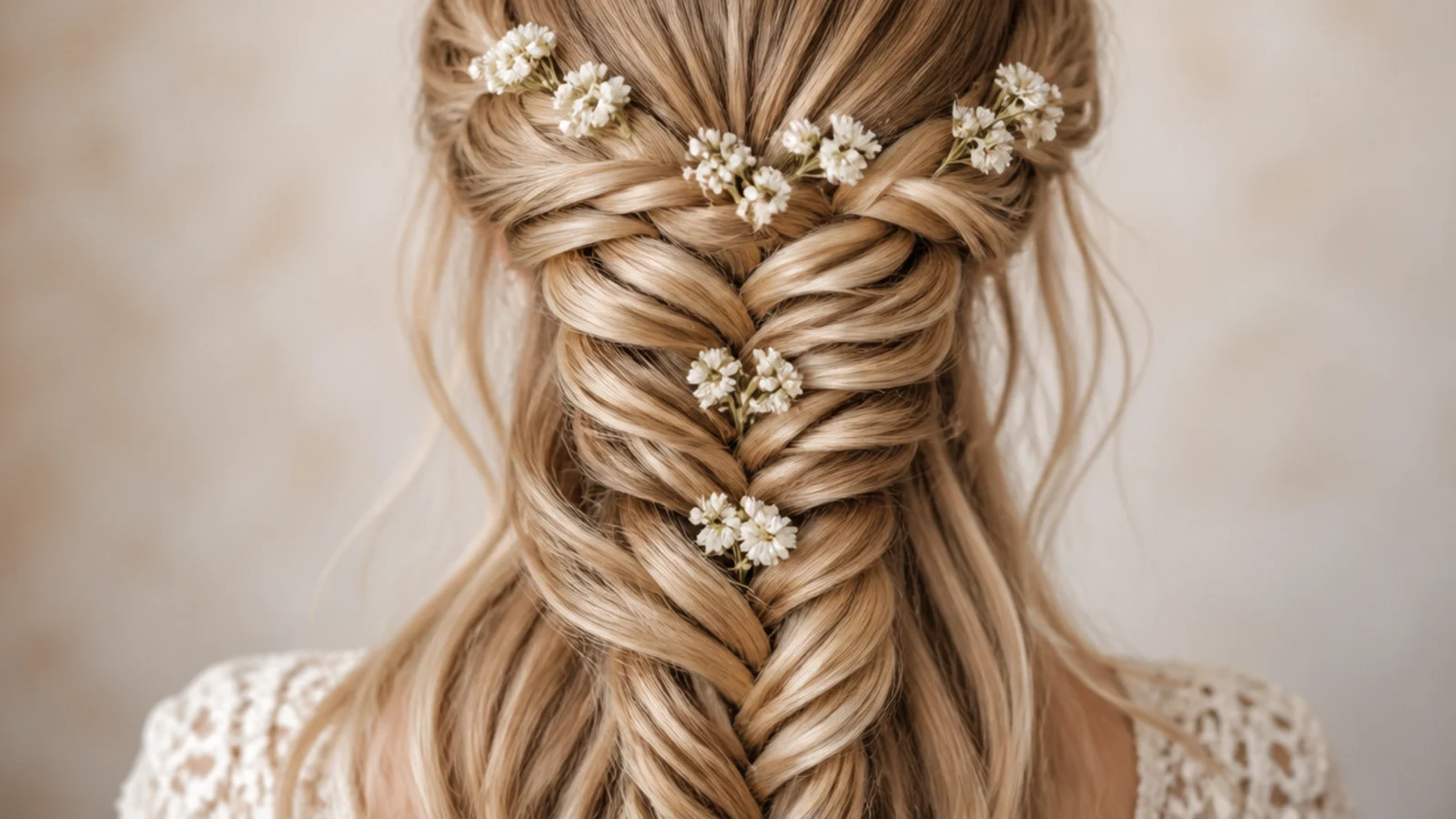 Mermaid braid crown wrapped around the head with small white flowers tucked into the braid