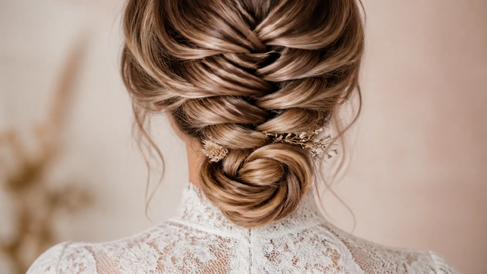 Low mermaid braid coiled into a soft bun at the nape below a high neck lace gown