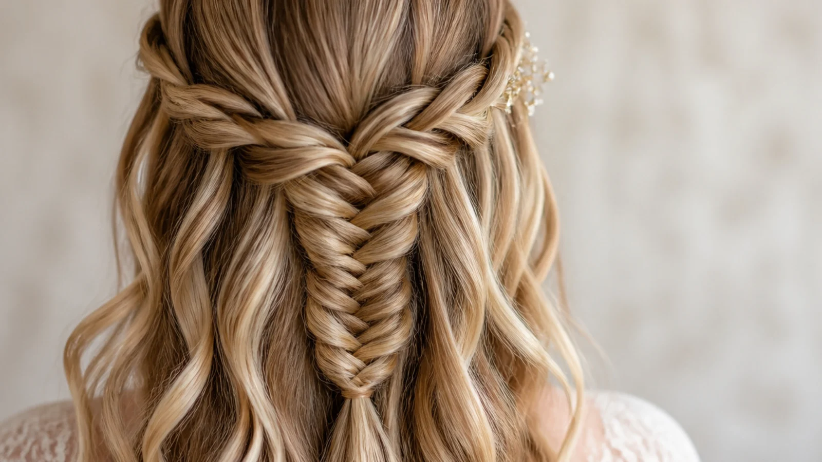 Waterfall mermaid braid across the back of the head with dropped strands falling into beach waves