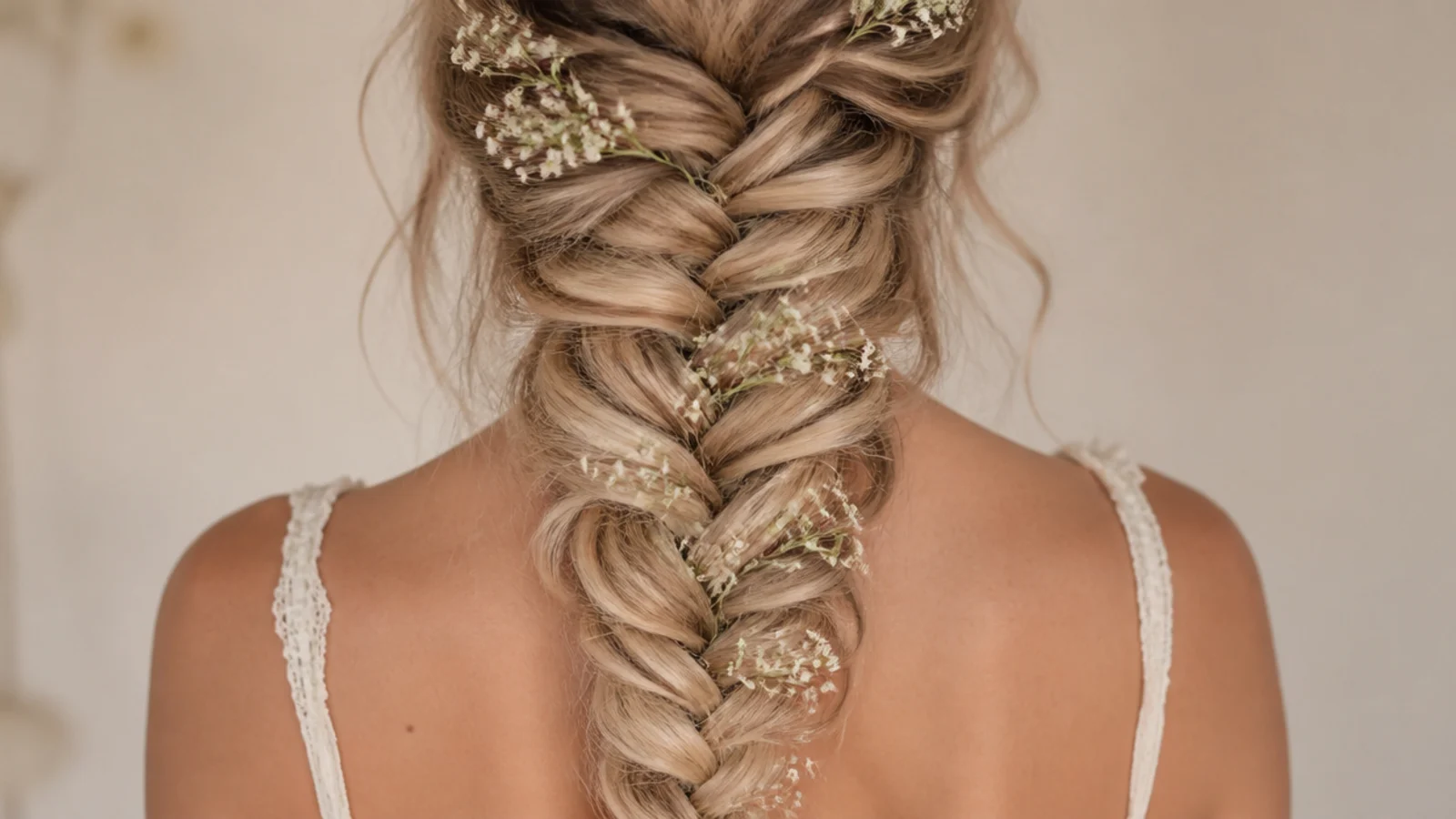 Loose boho mermaid braid with sprigs of baby's breath tucked along the pancaked edge