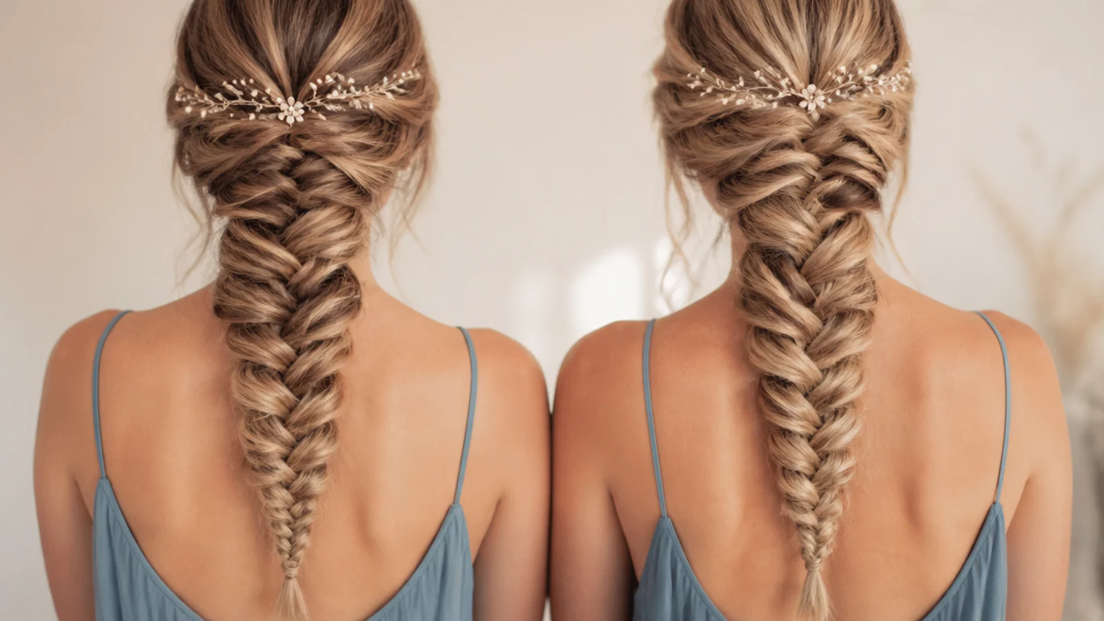 Two matching mermaid braids on bridesmaids in dusty blue dresses seen from behind