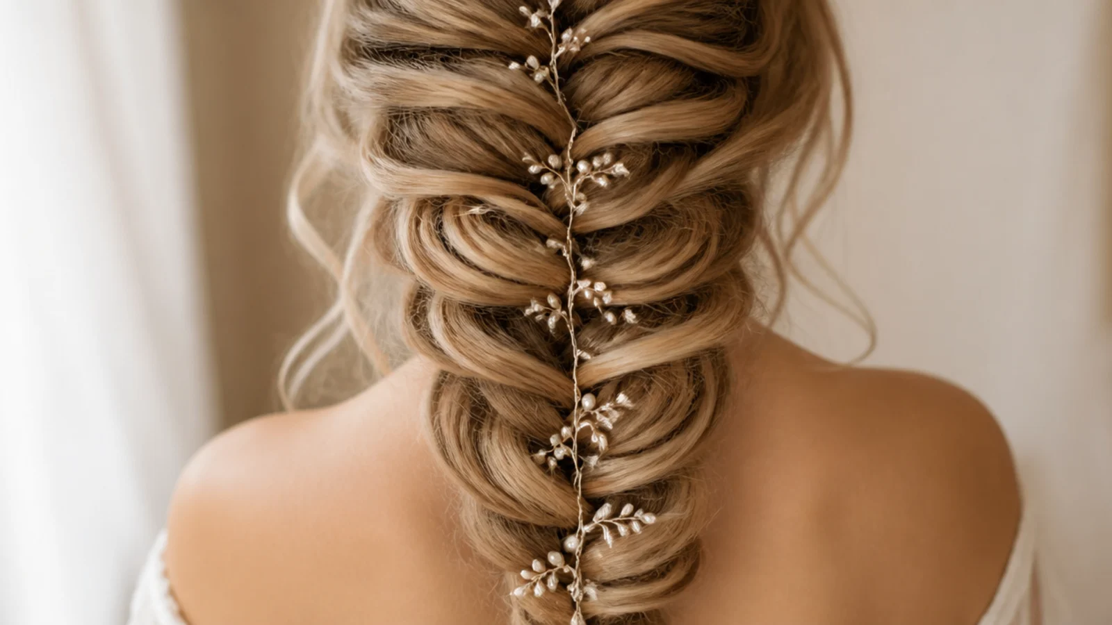 Wide mermaid braid with a flexible pearl hair vine woven along its length