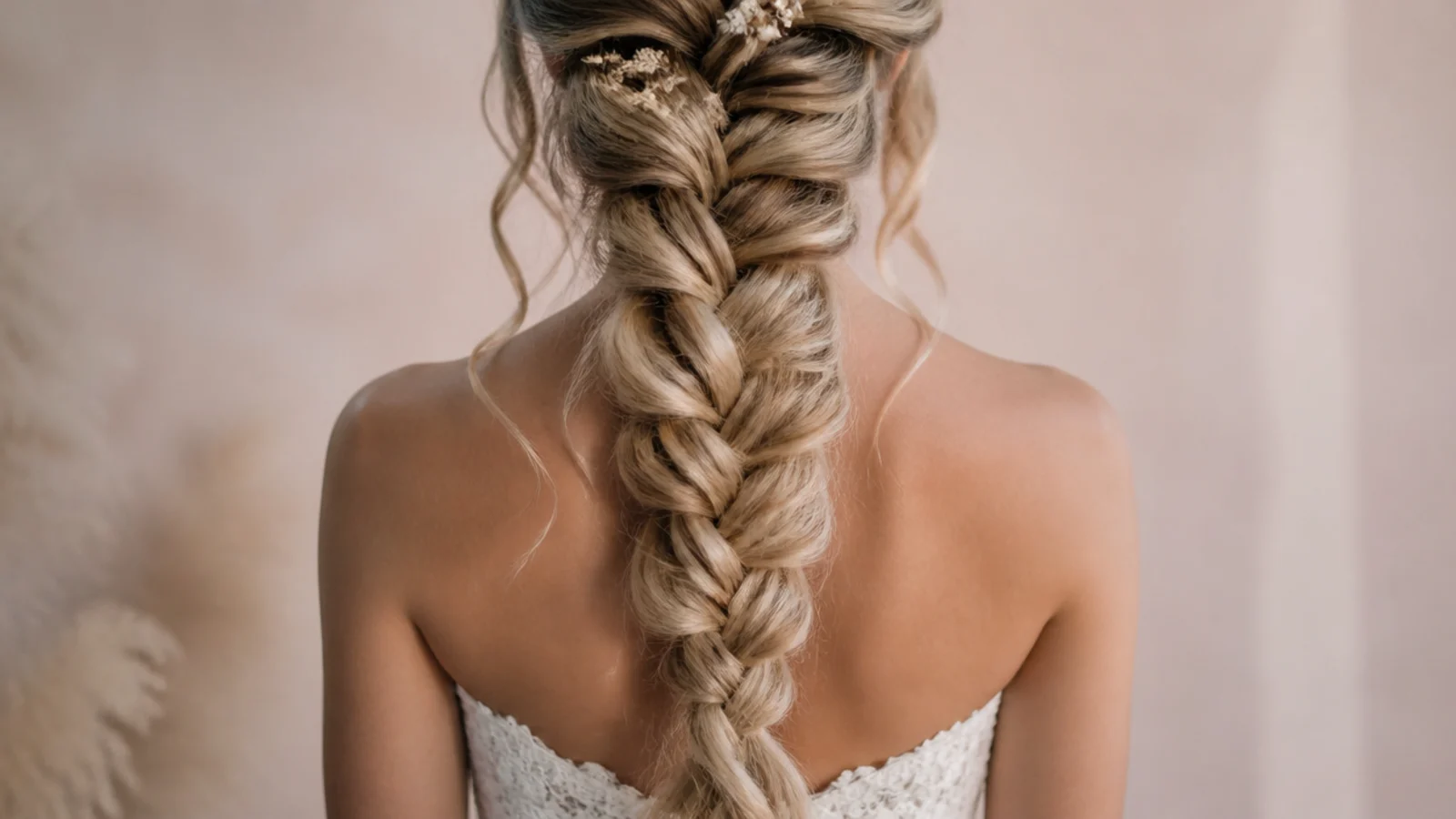 Soft mermaid braid with curled face framing tendrils above a sweetheart neckline gown