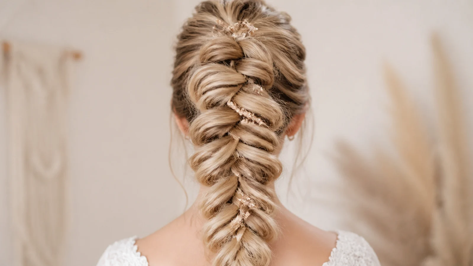 High ponytail finished as a wide mermaid braid for a wedding reception look