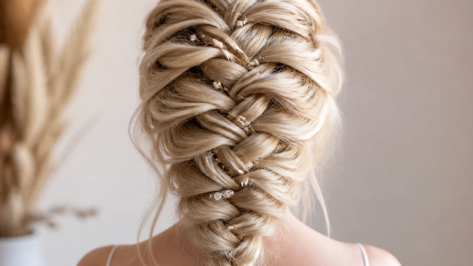 Dutch mermaid braid sitting raised off the scalp on fine blonde bridal hair