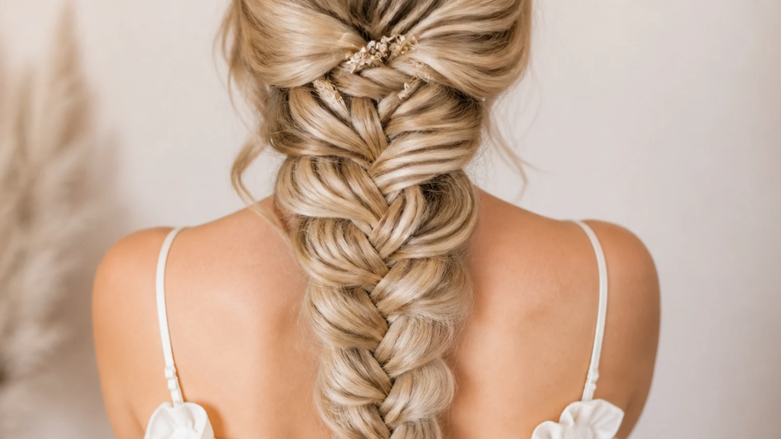 Shoulder length hair braided into a long mermaid braid using clip in hair extensions