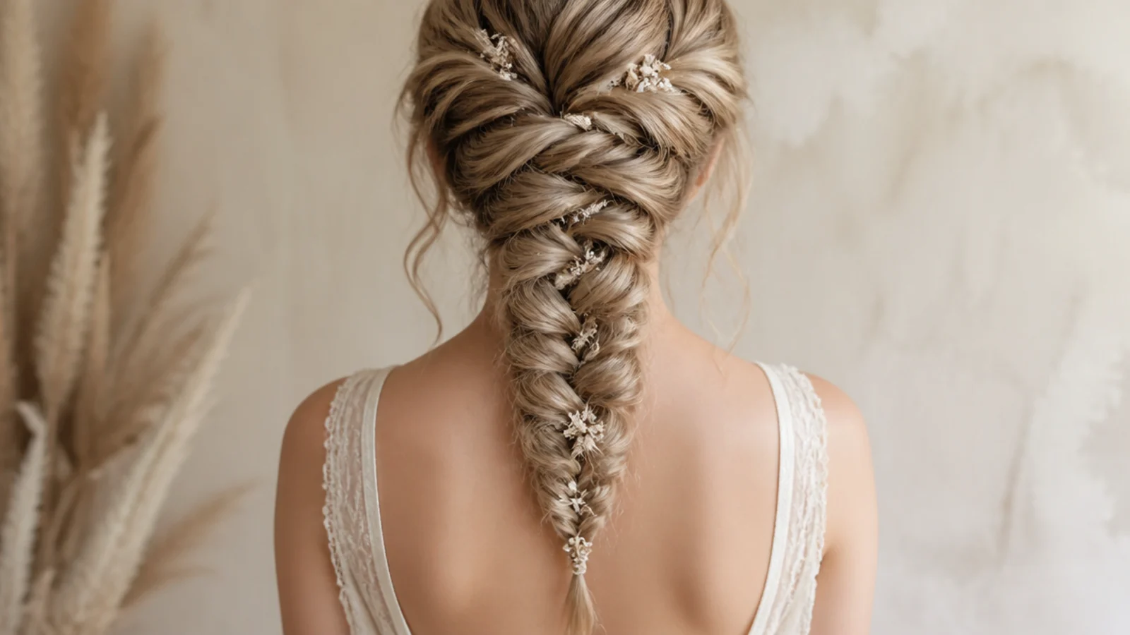 Mermaid braid pinned up into a halo leaving a backless gown fully exposed