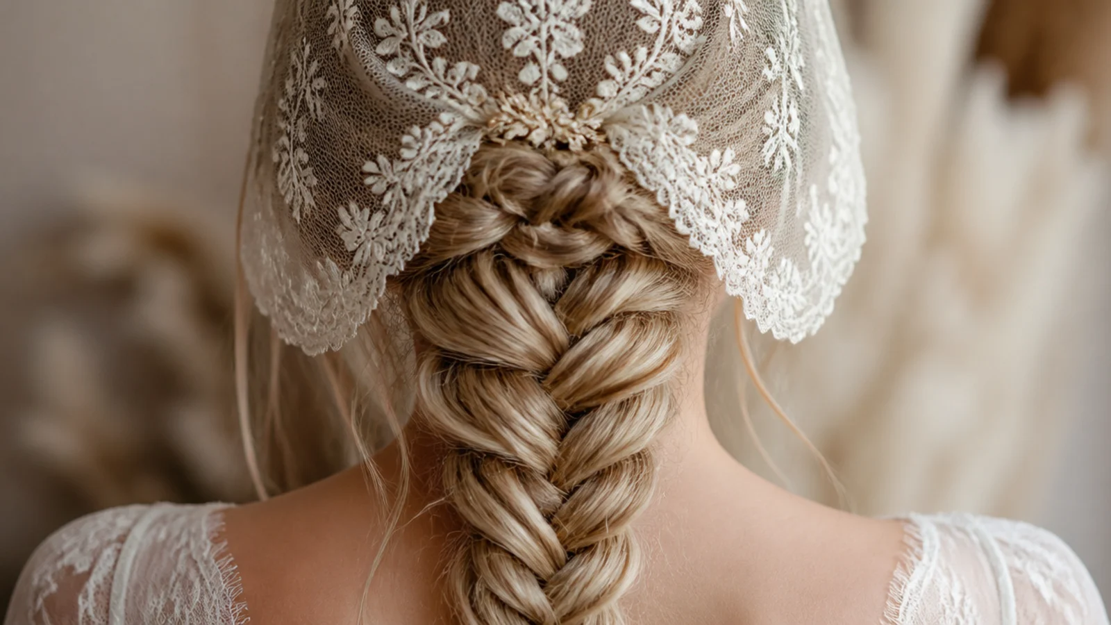Vintage Juliet cap veil worn over a low mermaid braid with a flat crown