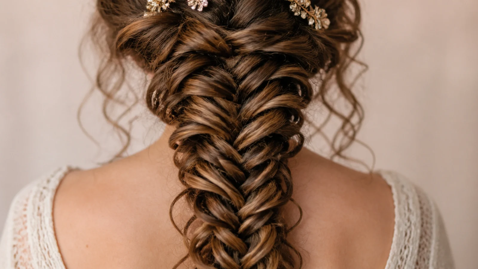 Curly hair braided into a chunky mermaid braid with defined coils visible in the fan