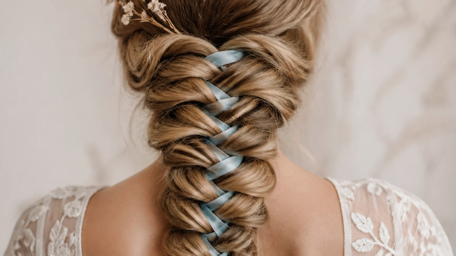 Pale blue silk ribbon woven through a wide mermaid braid as a something blue detail