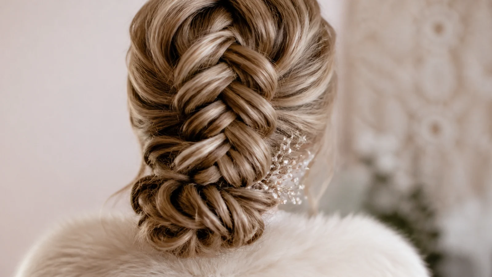 Low mermaid braid chignon at the nape styled for a winter wedding with a faux fur wrap