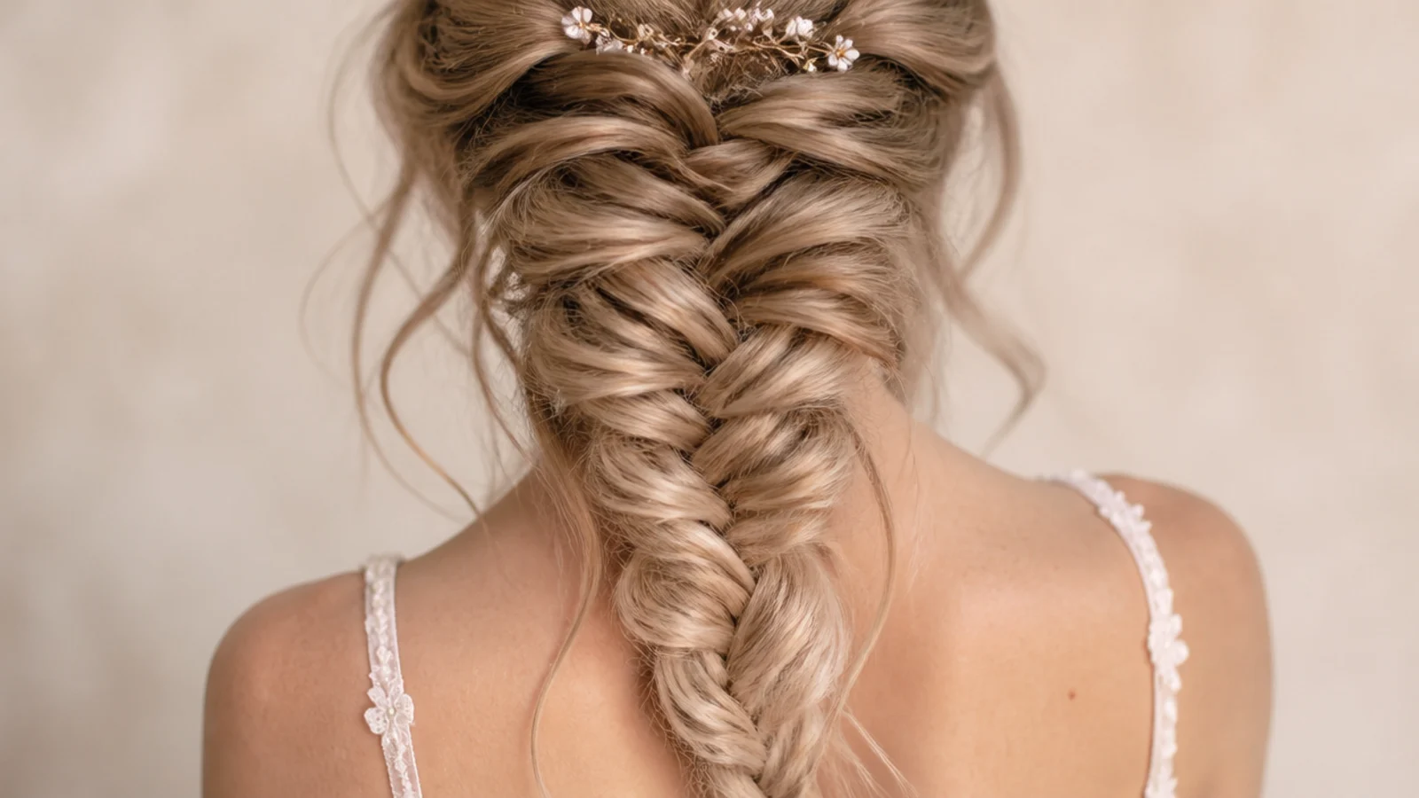 Undone deconstructed mermaid braid with loose pieces falling around the face at an elopement