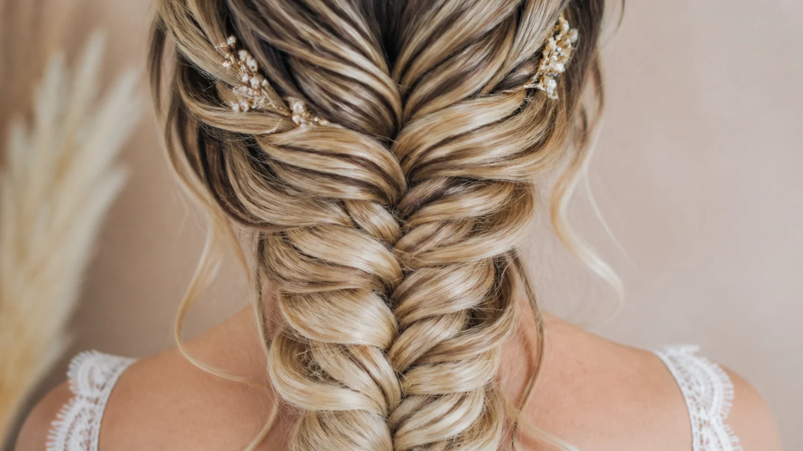 Mermaid braid on balayage hair showing dark roots and lighter ends woven through the fan