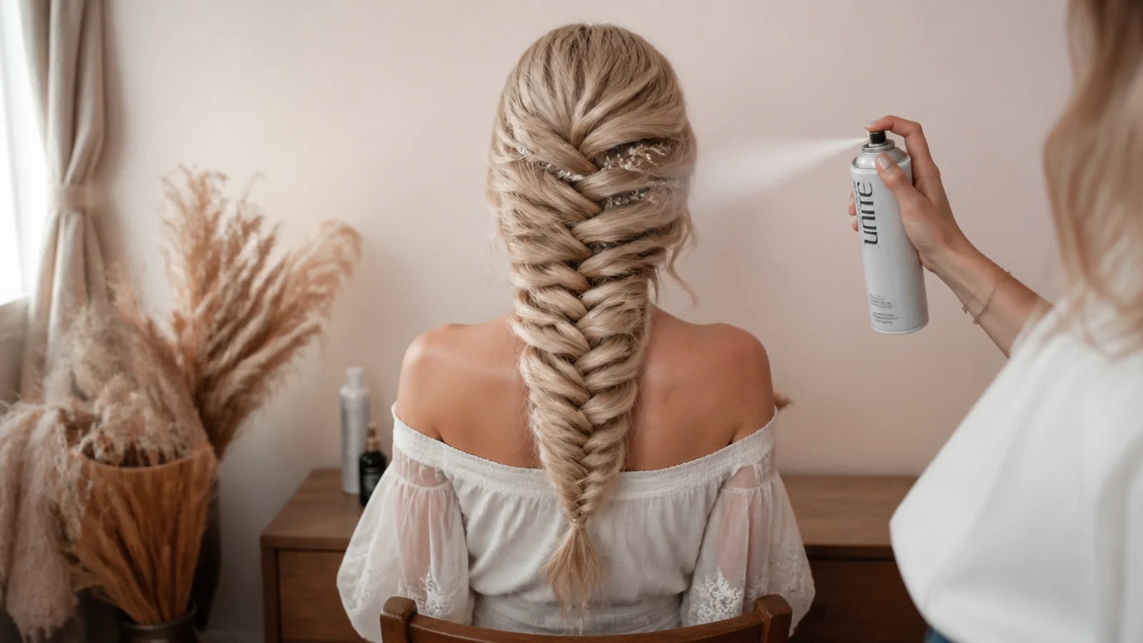 Texture spray applied to fine blonde hair before braiding a bridal mermaid braid