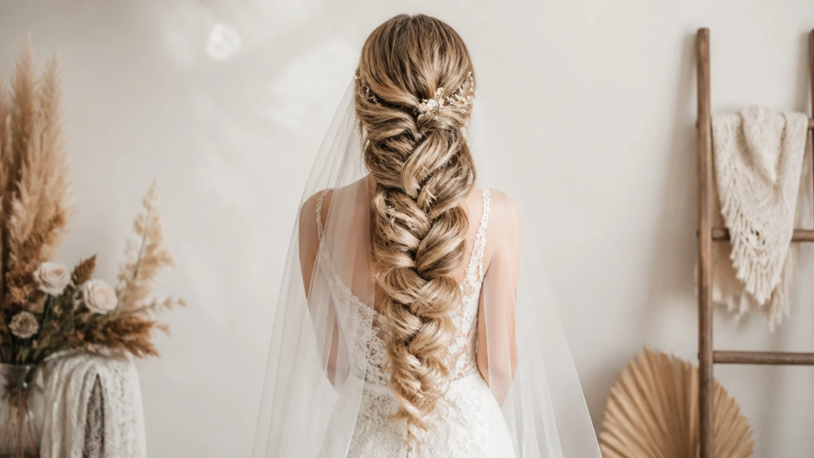 Bride wearing a wide pancaked mermaid braid over one shoulder with a cathedral veil