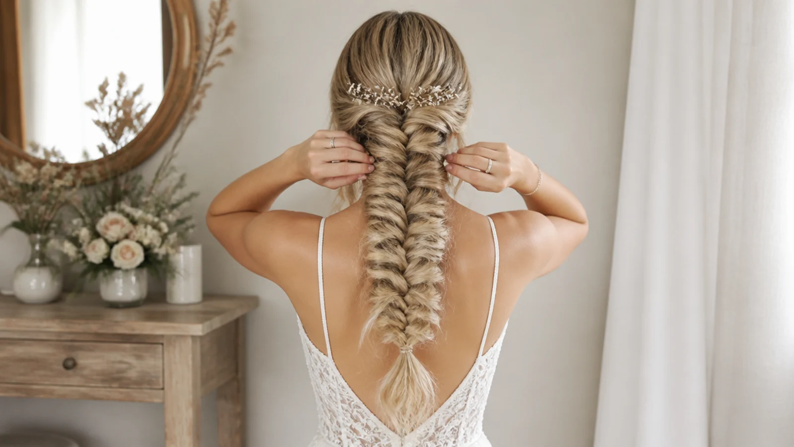 Bride re-pancaking her mermaid braid before the reception to keep the fan wide