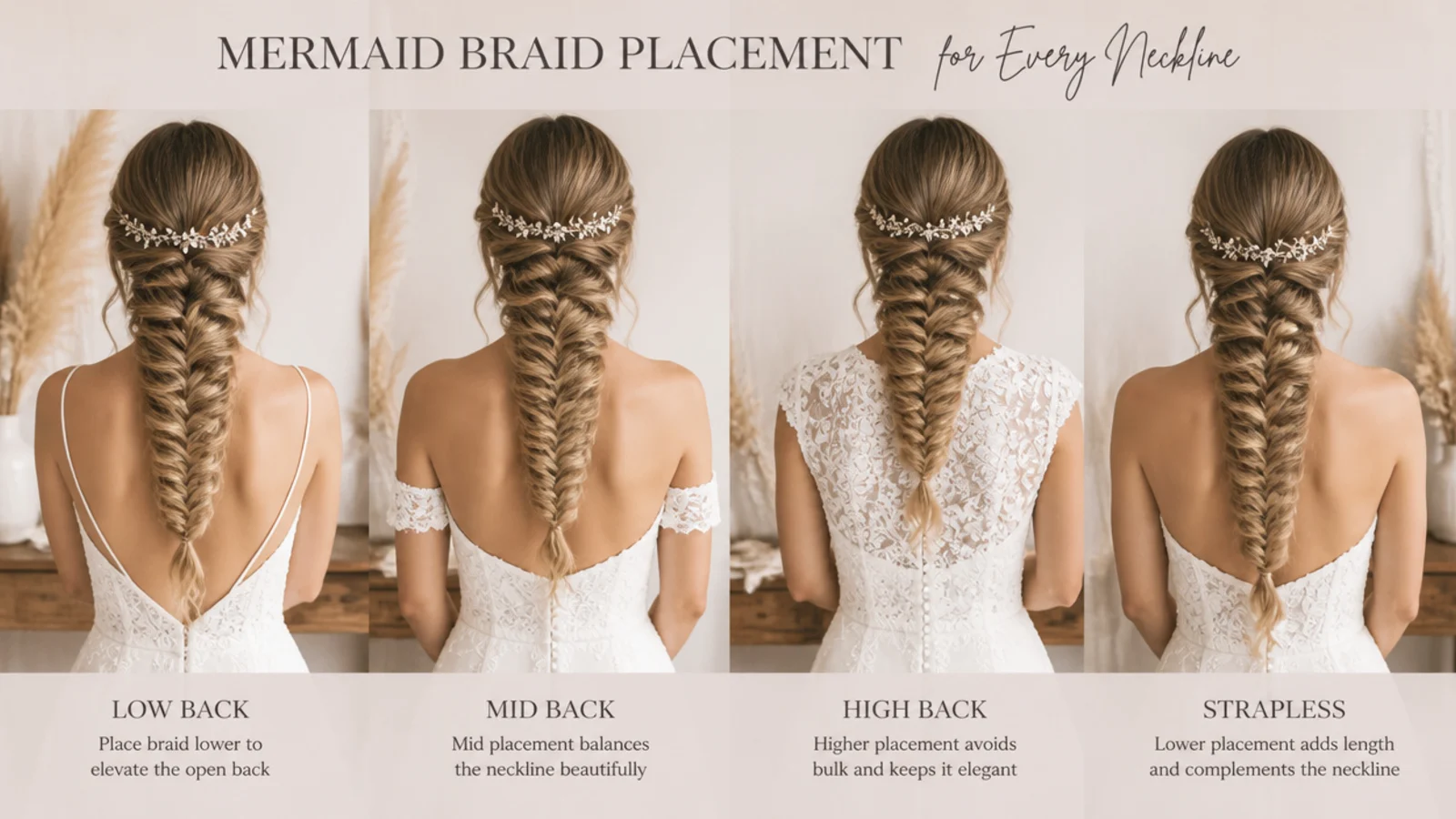 Four wedding gown necklines compared with the mermaid braid placement that suits each