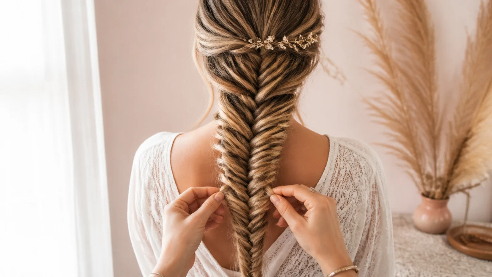 Hands pulling the outer edge of a fishtail braid to pancake it wider from the bottom up