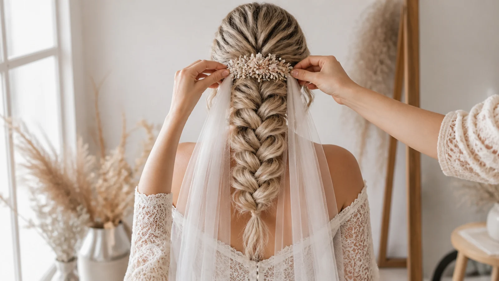 Veil comb being placed above a bridal mermaid braid at the crown of the head