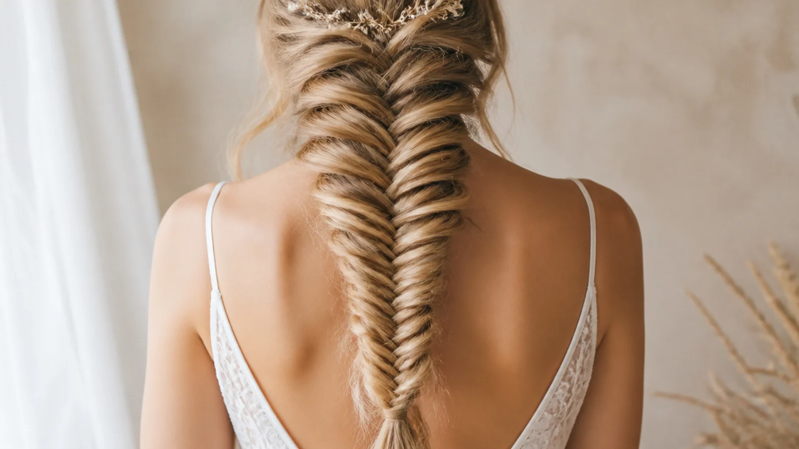 Close up of a mermaid braid showing the fishtail chevrons pancaked wide like a tail