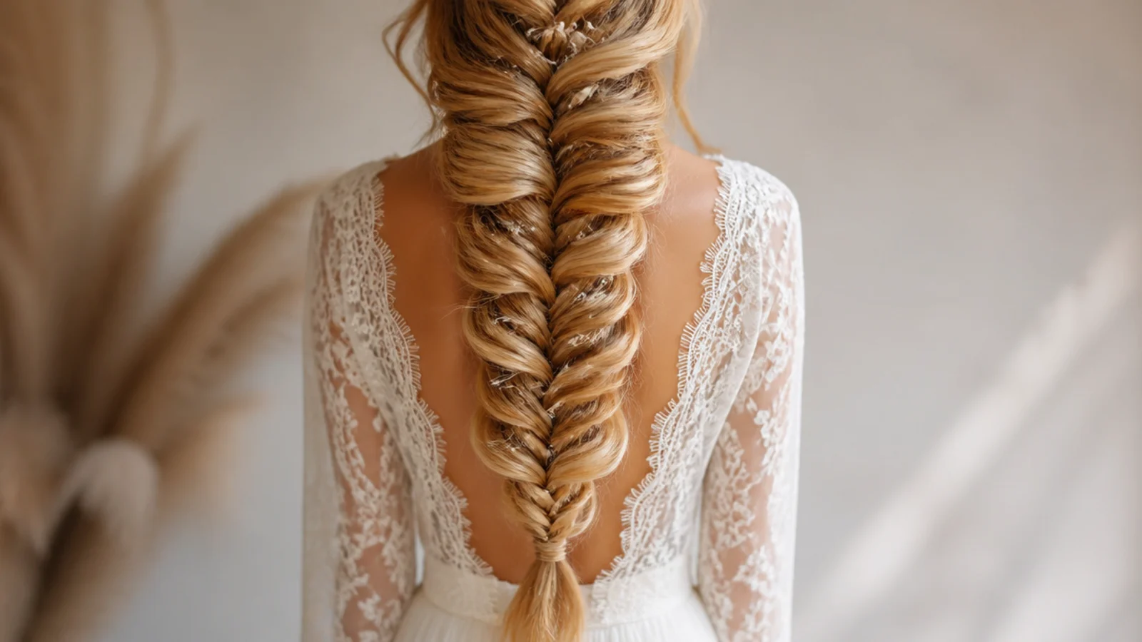 Very long mermaid braid falling past the waist with a wide fanned pancaked texture