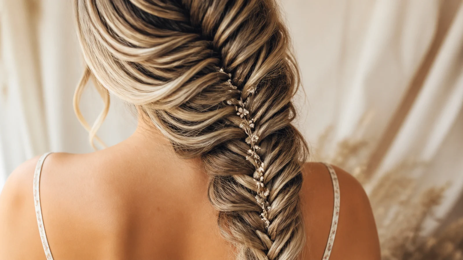 Side swept mermaid braid pulled over one shoulder from a deep side part
