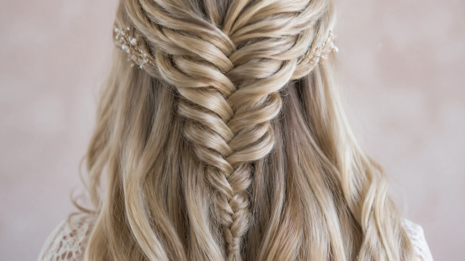 Half up mermaid braid at the crown with loose waves left down underneath
