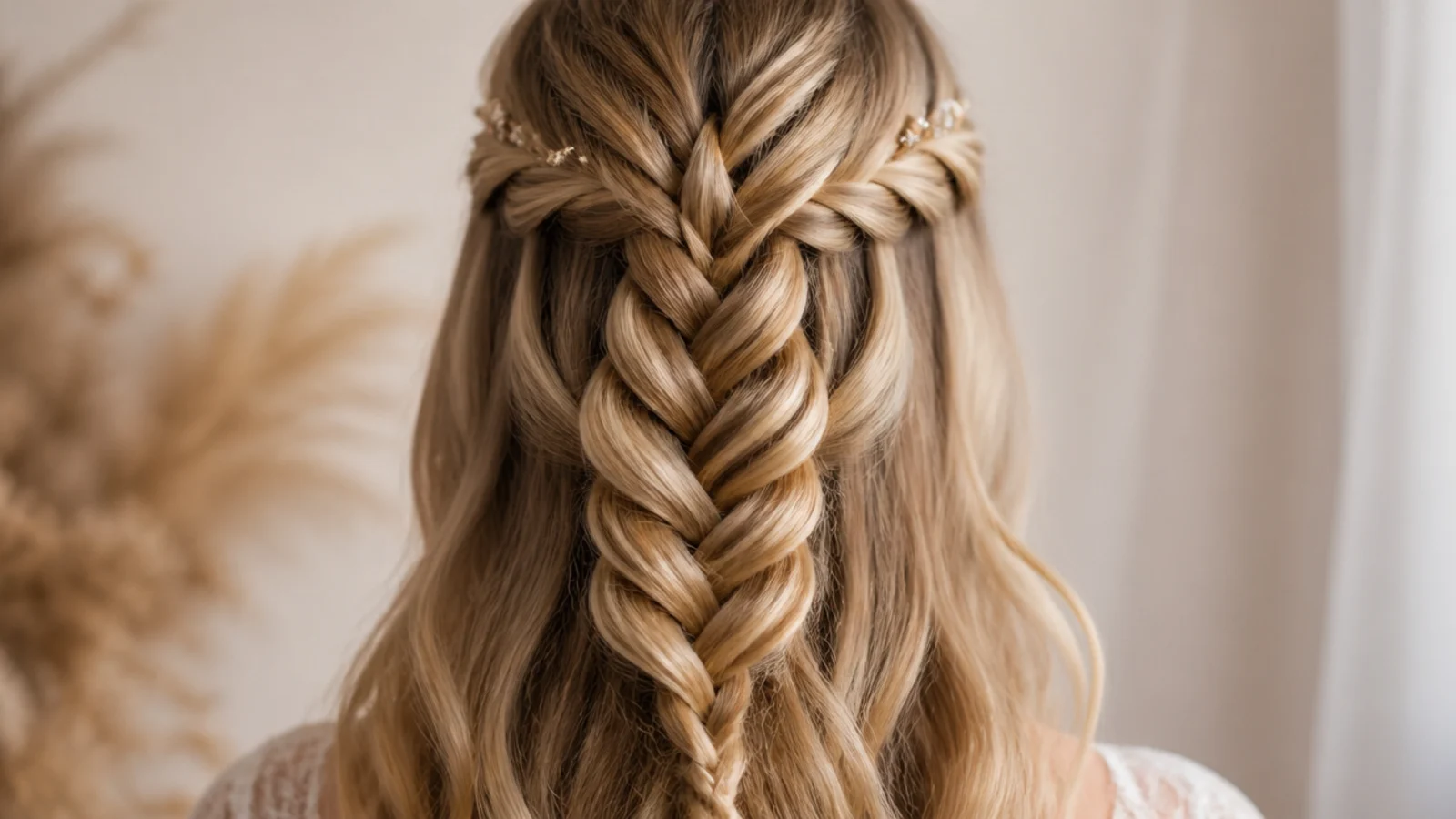 Waterfall mermaid braid crossing the crown with dropped strands falling into the braid below
