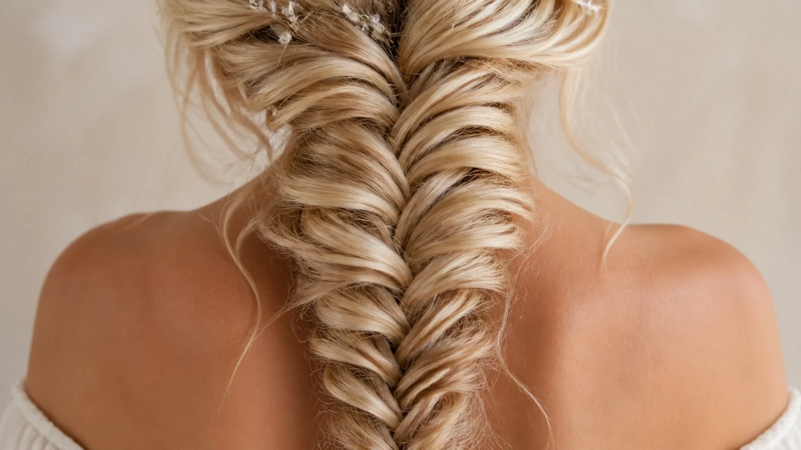 Fine blonde hair in a mermaid braid built up with texture spray for grip and width
