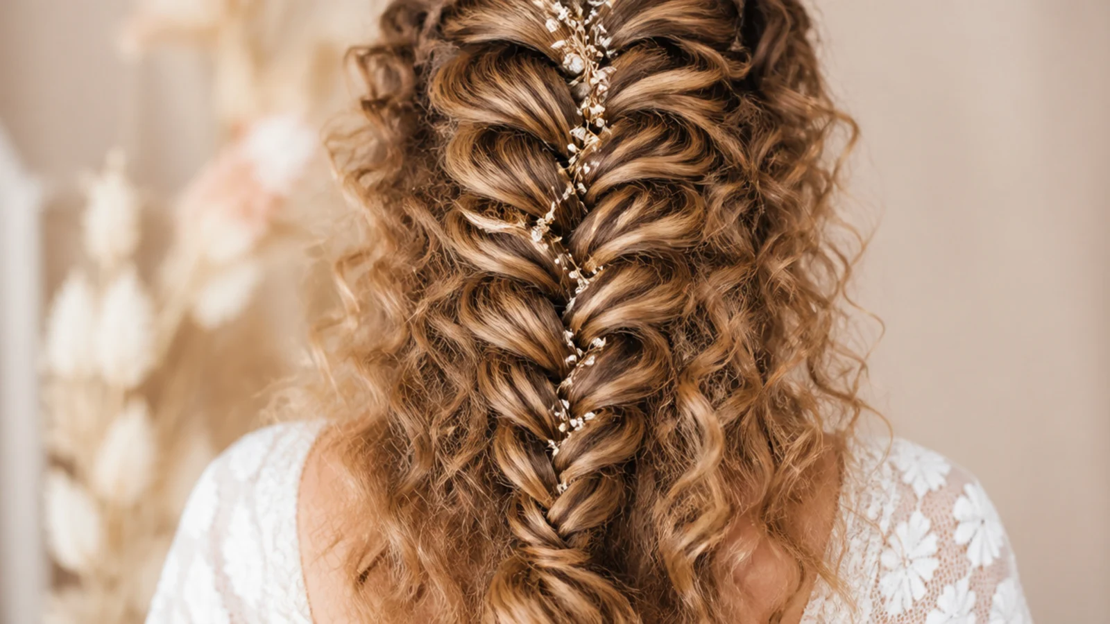 Mermaid braid on natural curly hair with defined coils visible along the fanned edges