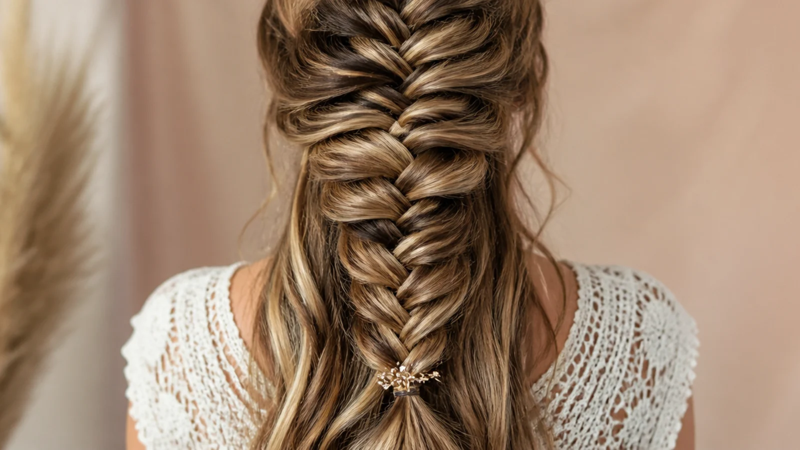 Mermaid braid with soft loose curls left hanging beneath the braided section