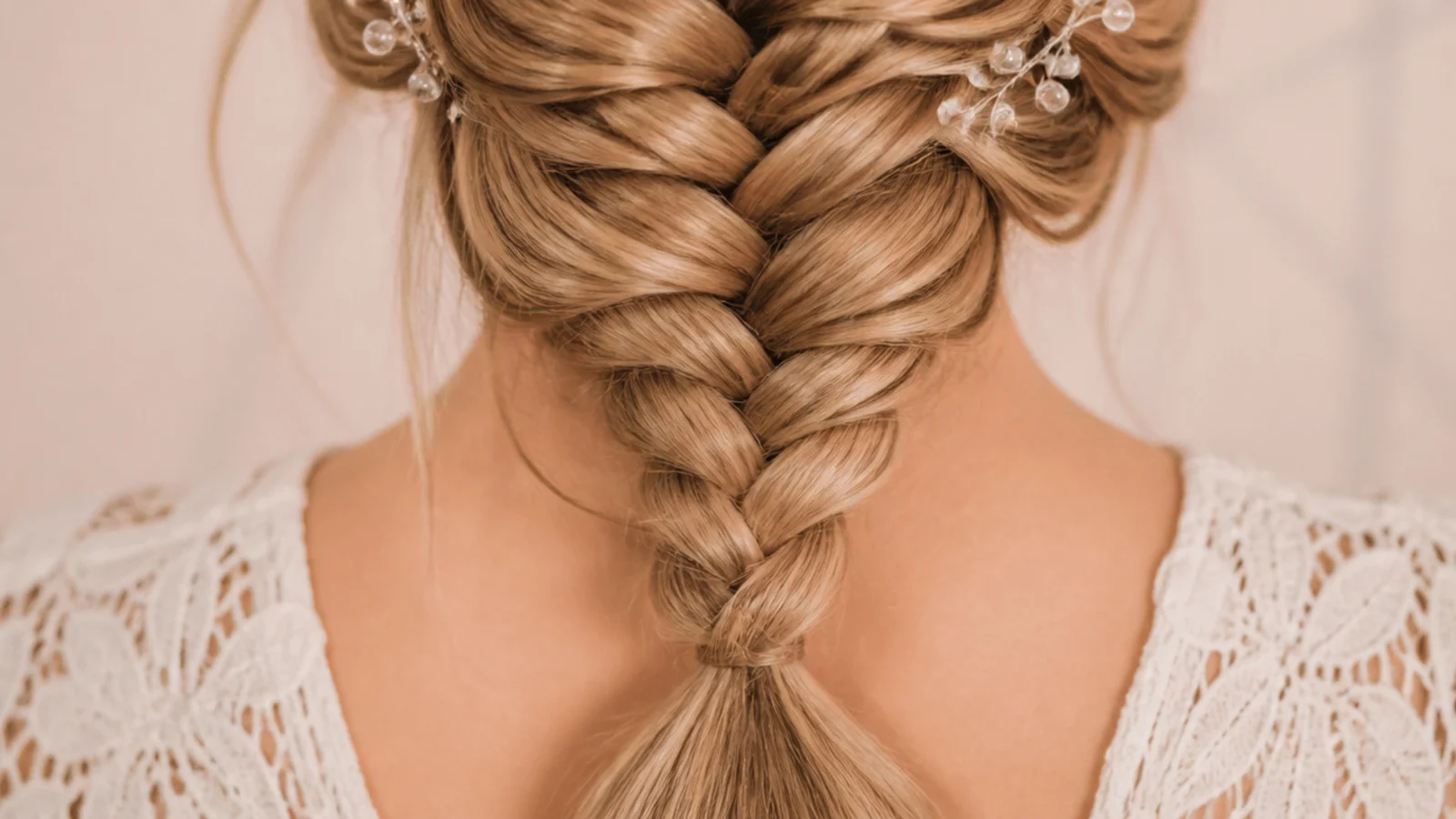 Close up of a mermaid braid tail finished with an invisible clear elastic