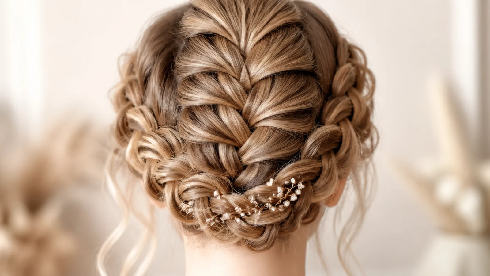 Mermaid crown braid wrapped in a halo around the head and pinned at the nape