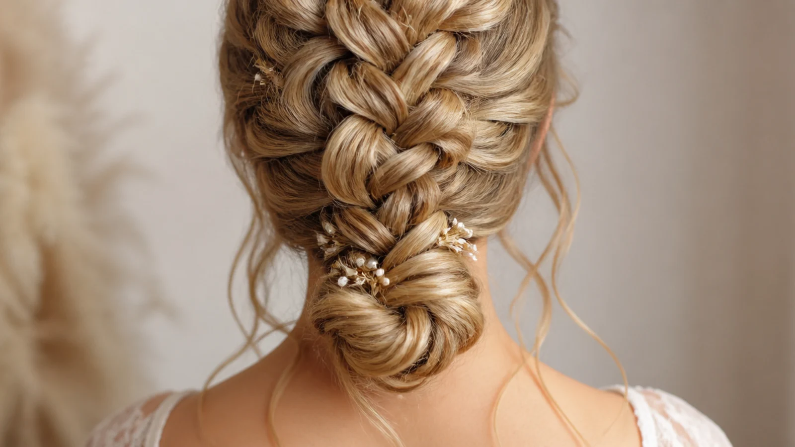 Low bun coiled from a pancaked mermaid braid with soft tendrils at the neck
